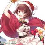  1girl :d arm_up belt bow breasts brown_eyes brown_hair capelet cleavage company_name dated dress hat juugonichi_(wheeliex2) kanpani_girls looking_at_viewer medium_breasts medium_hair official_art open_mouth ornament red_bow red_capelet red_headwear red_ribbon ribbon simple_background smile solo star watermark web_address white_background white_dress wreath 