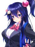  1girl bag bangs blue_bag blue_eyes bombergirl bow bowtie breasts buttons collared_shirt dark_blue_hair dress_shirt eyebrows_visible_through_hair fingerless_gloves gloves grey_jacket hair_between_eyes hair_bobbles hair_ornament handbag jacket kuro_(bombergirl) large_breasts long_hair long_sleeves nnmi11 open_mouth pink_bow pink_bowtie pink_gloves pink_neckwear shirt simple_background solo upper_body very_long_hair white_background white_shirt 