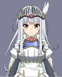  1girl armor armored_dress bangs blush breastplate brown_eyes closed_mouth commentary_request dress eyebrows_behind_hair grey_background knight long_hair original sekira_ame silver_hair simple_background solo upper_body v-shaped_eyebrows white_dress 