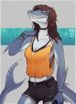  2019 amber_eyes anthro breasts clothed clothing digital_media_(artwork) eyebrows eyelashes female fish lolzguy looking_at_viewer marine navel non-mammal_breasts shark solo 