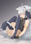  1girl animal_ears anus armlet asymmetrical_legwear blue_hair blush cat_ears cat_tail collar covered_nipples eyebrows_visible_through_hair gloves heart highres loincloth long_hair nipples no_bra no_panties original over-kneehighs red_eyes silver_hair single_glove single_thighhigh spread_anus tail thighhighs uno_ryoku 