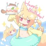  3girls animal animal_ear_fluff animal_ears animalization bangs bare_shoulders bell bell_collar bikini birthday_cake blonde_hair blue_bikini borrowed_character burning cake candle collar commentary_request crab eyebrows_visible_through_hair fire fish food fox_ears fox_girl fox_tail frilled_bikini frills gunhato_denki hair_between_eyes hair_bobbles hair_ornament happy_birthday holding hood hood_down hooded_jacket innertube jacket jingle_bell kemomimi-chan_(naga_u) long_hair long_sleeves multiple_girls navel open_clothes open_jacket original pink_eyes red_collar sleeves_past_fingers sleeves_past_wrists sparkle swimsuit tail twintails v-shaped_eyebrows yellow_jacket 