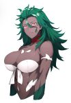  1girl bodypaint breasts closed_mouth cropped_arms cropped_torso dark_skin flipped_hair gen_8_pokemon green_hair hair_between_eyes hair_slicked_back hair_strand highres large_breasts long_hair looking_at_viewer navel personification pokemon pokemon_(game) pokemon_swsh red_eyes rillaboom simple_background skindentation solo wakahiko white_background white_bikini_top 