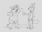  2019 4:3 accessory anthro belly beverage big_belly bodily_fluids bottomwear canid canine clothed clothing cup disney duo eclipsewolf exercise eyewear fox fur gideon_grey hair headband male mammal monochrome necktie nick_wilde overweight plantigrade shirt shorts sunglasses sweat topless topwear towel zootopia 
