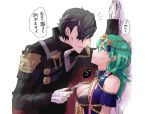  1boy 1girl black_hair braid breasts byleth_(fire_emblem) byleth_(fire_emblem)_(female) cleavage closed_mouth cosplay fire_emblem fire_emblem:_three_houses from_side gloves green_eyes green_hair hair_ornament holding holding_knife hubert_von_vestra knife large_breasts long_sleeves parted_lips robaco short_hair simple_background sothis_(fire_emblem) sothis_(fire_emblem)_(cosplay) tiara twin_braids upper_body white_background white_gloves 