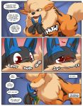  addtags animal_genitalia arcanine balls blue_body blush comic dialogue feral hi_res hug lucario male modca muscular musk nintendo penis pok&eacute;mon pok&eacute;mon_(species) scent sheath video_games 