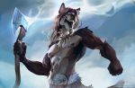  2019 5_fingers abs anthro axe bonifasko brown_body brown_fur canid canine canis day detailed_background digital_media_(artwork) fingers fur holding_object holding_weapon male mammal melee_weapon open_mouth outside scar sky solo teeth tongue weapon wolf 