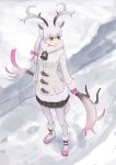  1girl animal_ears antlers bell black_skirt boots bow day deer_ears don3 footprints full_body fur_trim hair_bow kemono_friends long_hair outdoors pink_bow red_eyes reindeer_(kemono_friends) reindeer_antlers skirt snow solo standing tail white_coat white_footwear white_hair white_legwear 