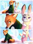  absurd_res anthro bottomwear canid canine cheek_tuft clothed clothing coat comic dialogue dipstick_ears dipstick_tail disney duo english_text facial_tuft fluffy fluffy_tail fox fully_clothed fur green_eyes grey_body grey_fur head_tuft hi_res ice_skates judy_hopps lagomorph leporid light lighting mammal multicolored_ears multicolored_tail nick_wilde open_mouth open_smile orange_body orange_fur pants pink_nose purple_eyes rabbit red_fox smile speech_bubble text thewinterbunny topwear tuft zootopia 