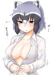  1girl absurdres animal_ears black_hair breasts brown_eyes cleavage commentary common_raccoon_(kemono_friends) dress_shirt dressing eyebrows_visible_through_hair grey_hair half-closed_eyes highres kemono_friends medium_breasts motion_lines multicolored_hair naked_shirt ngetyan no_bra open_clothes open_mouth open_shirt raccoon_ears shirt short_hair simple_background sleepy solo tearing_up translated upper_body white_background white_shirt 