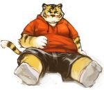  anthro belly blush clothed clothing felid fur hand_on_stomach hoodie kita_9999 legwear male mammal moobs orange_body orange_fur overweight overweight_male pantherine simple_background sitting socks solo striped_body striped_fur stripes tiger topwear white_background 