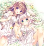  2girls :o animal animal_ears bangs bare_arms bare_shoulders blush bow braid breasts brown_hair bug bunny_ears butterfly center_frills collarbone commentary_request detached_sleeves dress eyebrows_visible_through_hair feet_out_of_frame field flower flower_field frills green_eyes grey_hair hair_between_eyes hair_ribbon insect knees_up long_hair lying medium_breasts multiple_girls on_back original parted_lips puffy_short_sleeves puffy_sleeves red_eyes red_ribbon ribbon short_sleeves small_breasts very_long_hair white_bow white_dress white_flower white_ribbon white_sleeves yukie_(peach_candy) 