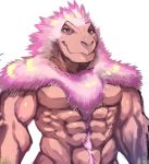  2019 abs anthro biceps body_hair dinosaur feathers happy_trail hi_res male muscular muscular_male pecs pink_body pink_feathers reptile scalie simple_background solo star_parlor star_prn white_background 