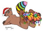  black_nose blue_eyes brown_body brown_fur christmas christmas_lights claws clothing dakotasoftpaw foot_focus fur hat headgear headwear hi_res holidays mammal multicolored_tail procyonid raccoon rainbow rainbow_tail santa_hat simple_background strawbear whiskers 