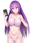  1girl adjusting_strap bra breasts cellphone cleavage collarbone fate/grand_order fate_(series) frown highres holding holding_phone large_breasts lingerie looking_down navel o-ring o-ring_bottom panties phone purple_hair red_eyes scathach_(fate)_(all) scathach_skadi_(fate/grand_order) sikijou77o simple_background smartphone solo underwear white_background 