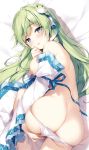  1girl ass bangs bed_sheet blue_eyes blush breasts censored commentary_request cowboy_shot detached_sleeves eyebrows_visible_through_hair frog_hair_ornament green_hair hair_ornament hair_tubes hand_up heart heart_censor kochiya_sanae large_breasts long_hair long_sleeves looking_at_viewer lying miyase_mahiro nude panties panty_pull parted_lips skindentation snake_hair_ornament solo touhou underwear white_panties wide_sleeves 