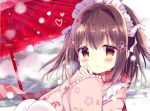  1girl azumi_kazuki bangs blurry blurry_background blush brown_eyes brown_hair closed_mouth cloud cloudy_sky commentary_request depth_of_field eyebrows_visible_through_hair floral_print frilled_sleeves frills hair_between_eyes hair_ornament hair_ribbon heart highres japanese_clothes kimono knees_up long_hair long_sleeves looking_at_viewer maid_headdress oriental_umbrella original pantyhose pink_kimono print_kimono red_umbrella ribbon scarf sitting sky sleeves_past_wrists smile solo steepled_fingers striped two_side_up umbrella vertical-striped_scarf vertical_stripes wa_maid white_legwear white_ribbon wide_sleeves 