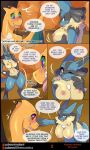  2019 autumn azzilan big_breasts black_body black_fur blue_body blue_fur blush bodypaint breasts charizard claws comic english_text female feral fur hi_res horn hypnosis karina_(tyran) lucario male matemi mind_control motion_lines multicolored_eyes neck_tuft nintendo nipples one_eye_closed paws plant pok&eacute;mon pok&eacute;mon_(species) pussy red_eyes shrub slightly_chubby spikes text tongue tongue_out tree tuft video_games wings yellow_body yellow_fur 