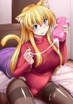  1girl animal_ears artificial_vagina bangs blonde_hair blue_eyes blush breasts cat_ears cat_tail commentary_request cum cum_on_body cum_on_clothes cum_on_lower_body cum_on_upper_body eyebrows_visible_through_hair fang highres large_breasts long_hair looking_at_viewer nokoppa open_mouth original pillow sitting solo tail turtleneck_leotard wariza 