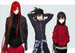  black_hair clothes_around_waist contemporary fate/grand_order fate_(series) hair_over_one_eye hands_in_pockets hat jacket long_hair nakuta oda_kippoushi_(fate) oda_nobunaga_(fate) oda_nobunaga_(fate)_(all) oda_nobunaga_(maou_avenger)_(fate) ponytail red_eyes red_hair track_jacket 