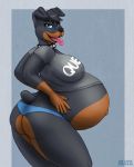  2018 anthro belly big_belly big_breasts black_body black_fur black_hair blue_eyes blyzzarde breasts brown_body brown_fur butt canid canine canis clothing domestic_dog female fur hair hi_res looking_at_viewer mammal navel nipple_outline outie_navel panties pregnant solo tongue tongue_out underwear 