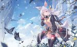  aliasing animal_ears building butterfly clouds flowers long_hair mikisai original scarf skirt sky tail thighhighs white_hair 