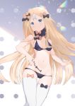  1girl abigail_williams_(fate/grand_order) absurdres bandaid_on_forehead bangs bare_shoulders bikini black_bikini black_bow blonde_hair blue_eyes blush bow breasts crossed_bandaids fate/grand_order fate_(series) forehead gappt highres key long_hair looking_at_viewer multiple_bows navel orange_bow parted_bangs polka_dot polka_dot_bow small_breasts smile solo swimsuit thighhighs thighs 