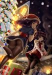  2girls alternate_costume armor ass bow box christmas_ornaments christmas_tree commission dkoro dress elbow_gloves fire_emblem fire_emblem:_path_of_radiance fire_emblem:_the_sacred_stones from_behind fur_trim gift gift_box gloves hat helmet highres holding looking_to_the_side medium_hair multi-tied_hair multiple_girls myrrh_(fire_emblem) night open_mouth outdoors parted_lips pom_pom_(clothes) purple_hair red_eyes red_headwear sanaki_kirsch_altina santa_hat short_dress short_sleeves sky sleeveless snow snowing strapless strapless_dress twintails watermark web_address white_gloves yellow_eyes 