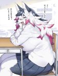  absurd_res anthro bottomwear breasts canid canine clothing cross-popping_vein female fur grey_body grey_fur hi_res japanese_text kemono kishibe mammal multicolored_body multicolored_fur open_mouth sitting skirt text tongue translated two_tone_body two_tone_fur vein white_body white_clothing white_fur 