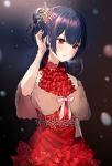  1girl bangs bare_shoulders blue_hair blush breasts dress earrings hair_bun hair_ornament highres idolmaster idolmaster_shiny_colors jewelry looking_at_viewer morino_rinze parted_lips red_dress red_eyes short_hair small_breasts snowing solo takeashiro 