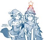  2019 anthro bare_shoulders basitin canid canine chest_tuft christmas christmas_decoration christmas_tree clothed clothing conditional_dnp costume decorating duo eyes_closed female fox hat headgear headwear hi_res holidays keidran keith_keiser laura_(twokinds) male mammal monochrome santa_hat simple_background sketch smile tom_fischbach tree tuft twokinds unamused webcomic white_background 