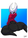  anthro arthropod big_butt black_body black_eyes bodily_fluids bottomless butt cheese_cake cloak clothed clothing female hollow_knight horn hornet_(hollow_knight) insect looking_at_viewer simple_background solo sweat white_body 