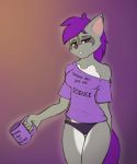  anthro breasts canid canine clothed clothing female fox fur grey_body grey_fur hair half-closed_eyes mammal miri_rodgers narrowed_eyes off_shoulder panties purple_hair remarkably_average shirt solo topwear underwear 