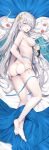  1girl anastasia_(fate/grand_order) ass bangs bare_shoulders barefoot bikini bikini_pull blue_bikini blue_cloak blue_eyes blue_ribbon blush breasts cloak collarbone crossed_bangs eyebrows_visible_through_hair fate/grand_order fate_(series) feet full_body fur-trimmed_jacket fur_trim groin hair_between_eyes hairband highres holding jacket large_breasts legs long_hair looking_at_viewer lying medium_breasts open_mouth ribbon rin_yuu royal_robe sidelocks silver_hair skindentation swimsuit toes tongue undressing untied untied_bikini very_long_hair viy 