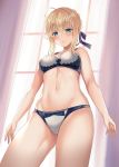  1girl ahoge artoria_pendragon_(all) bangs bare_shoulders blonde_hair blue_bra blue_panties blue_ribbon blush bra braid breasts cleavage collarbone curtains fate/stay_night fate_(series) french_braid green_eyes hair_between_eyes hair_ribbon harimoji looking_at_viewer medium_breasts open_mouth panties ribbon saber thighs underwear window 
