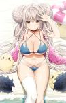 1girl ahoge arm_up azur_lane bare_arms bare_shoulders bikini bird blue_bikini braid breasts brown_eyes chick choker cleavage collarbone double_bun feathered_wings formidable_(azur_lane) formidable_(the_lady_of_the_beach)_(azur_lane) innertube large_breasts light_rays long_hair looking_at_viewer manjuu_(azur_lane) multi-strapped_bikini navel shadow silver_hair single_thighhigh sitting skindentation sky_(freedom) solo stomach sunbeam sunlight swimsuit thighhighs twin_braids twintails very_long_hair water wings 