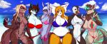  2017 5_fingers absurd_res alcid anthro areola atlantic_puffin avian beach belly beverage big_breasts bikini bird blonde_hair blue_body blue_eyes blue_fur blue_hair blue_sky breast_size_difference breasts brown_body brown_eyes brown_fur brown_hair camo canid canine canis claws cleavage clothed clothing cloud countershading day deep_navel detailed_background digital_camo digital_desert_camo eyewear feathers female fin fingerless_(marking) fingers fish fur gills glasses group hair hi_res huge_breasts kalie klenerschluchti lagomorph lari leporid looking_at_viewer mammal marine medium_breasts navel navel_rim orange_body orange_eyes orange_fur outside overweight pearl_(boolean) piercing pink_eyes porin public puffin rabbit red_eyes requiem_shark sand sasha_the_odot scar seaside shark simone_(xiekon) sky slightly_chubby sling_bikini smile standing stripes swimwear teeth tiger_shark water white_body white_countershading white_fur wide_hips wolf 