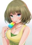  1girl bangs bare_shoulders blue_eyes blush bracelet breasts cleavage closed_mouth collarbone commentary_request eyebrows_visible_through_hair food gradient gradient_background green_eyes green_hair heterochromia highres holding holding_food idolmaster idolmaster_cinderella_girls jewelry kirifrog looking_at_viewer medium_breasts mole mole_under_eye necklace popsicle rainbow_order short_hair sleeveless smile solo takagaki_kaede tank_top upper_body white_background 