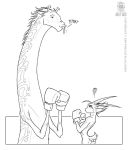  2009 annoyed antelope anthro black_and_white bovid boxing boxing_gloves breasts clothing conditional_dnp duo female gazelle giraffe giraffid hair handwear horn jollyjack male mammal monochrome nude side_boob size_difference sport tongue tongue_out 