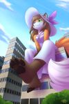  2019 4_toes ambient_bird avian bird black_nose breasts brown_hair canid canine city claws clothing detailed_background dipstick_ears dress female fox fur gloves_(marking) green_eyes hair hakunaro hat headgear headwear inner_ear_fluff long_hair low-angle_view macro mammal markings multicolored_ears orange_body orange_fur outside sitting smile soft_shading solo_focus toe_claws toes tuft vanessa_(hakunaro) 