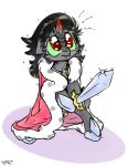  2019 black_hair cape clothing equid fangs feral friendship_is_magic green_sclera hair hi_res holding_object holding_weapon horn king_sombra_(mlp) mammal melee_weapon my_little_pony nervous red_eyes simple_background skoon sword unicorn weapon 