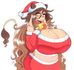  2019 anthro bell bell_collar big_breasts bovid bovine breasts brown_hair caramel_(cherrikissu) cattle christmas cleavage clothed clothing collar female hair hat headgear headwear hi_res holidays huge_breasts long_hair looking_at_viewer mammal midriff santa_hat signature simple_background slightly_chubby solo theycallhimcake white_background yellow_eyes 