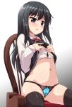  1girl asashio_(kantai_collection) bangs black_dress black_eyes black_hair black_legwear blue_panties blush chair dress eyebrows_visible_through_hair flying_sweatdrops highres kantai_collection lace lace-trimmed_panties lifted_by_self long_hair long_sleeves navel neck_ribbon open_mouth panties pinafore_dress red_neckwear remodel_(kantai_collection) ribbon shirt simple_background sitting solo thighhighs underwear white_shirt yoshi_tama 