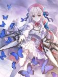  1girl absurdres arcaea blue_butterfly bow brown_eyes bug butterfly check_character dutch_angle flower highres hikari_(arcaea) insect lesyef103 long_hair long_sleeves looking_at_viewer outdoors puffy_long_sleeves puffy_sleeves red_bow skirt smile standing thighhighs white_hair white_legwear white_skirt 