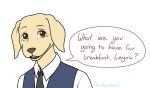  ? anthro atwotonedbird beastars bird_dog brown_eyes canid canine canis clothed clothing comic dialogue domestic_dog english_text fur hunting_dog jack_(beastars) labrador looking_at_viewer male mammal necktie retriever shirt simple_background solo tan_body tan_fur text topwear white_background 
