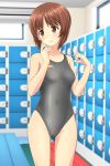  1girl absurdres asics ass_visible_through_thighs bench blurry breasts brown_eyes brown_hair commentary_request competition_swimsuit cowboy_shot depth_of_field girls_und_panzer grey_swimsuit highres indoors locker locker_room logo looking_to_the_side nishizumi_miho one-piece_swimsuit parted_lips short_hair small_breasts solo standing swimsuit takafumi 