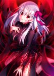  1girl bangs barefoot blurry blurry_background body_markings breasts commentary_request dark_persona dark_sakura darkness dress empty_eyes eyebrows_visible_through_hair fate/stay_night fate_(series) fuyuki_(neigedhiver) hair_ribbon hand_on_own_chest heaven&#039;s_feel highres large_breasts long_hair looking_at_viewer matou_sakura no_pupils parted_lips pink_nails red_eyes red_ribbon ribbon sitting solo striped striped_dress tagme wariza white_hair 
