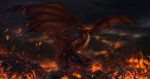  2019 ambiguous_gender claws detailed_background digital_media_(artwork) dragon feral fire hi_res horn isvoc lava membrane_(anatomy) membranous_wings night open_mouth outside rock scales scalie solo spines teeth western_dragon wings 