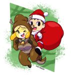  2019 animal_crossing anthro bag bell canid canine canis christmas clothed clothing costume digital_media_(artwork) domestic_dog duo female hat headgear headwear hi_res holidays human isabelle_(animal_crossing) joaoppereiraus male mammal nintendo one_eye_closed open_mouth open_smile santa_costume santa_hat shih_tzu smile toy_dog video_games villager_(animal_crossing) wink 