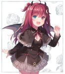  1girl :d bangs black_capelet black_dress blush breasts capelet claw_pose commentary_request crescent crescent_hair_ornament demon_girl demon_horns demon_wings dress eyebrows_visible_through_hair floral_background frilled_capelet frilled_dress frills green_eyes grey_wings hair_between_eyes hair_ornament hand_up heterochromia horns kurasawa_moko leaning_forward long_hair neck_ribbon nijisanji open_mouth pink_nails red_eyes red_hair red_ribbon ribbon rose_background small_breasts smile solo two_side_up very_long_hair virtual_youtuber wings yuzuki_roa 